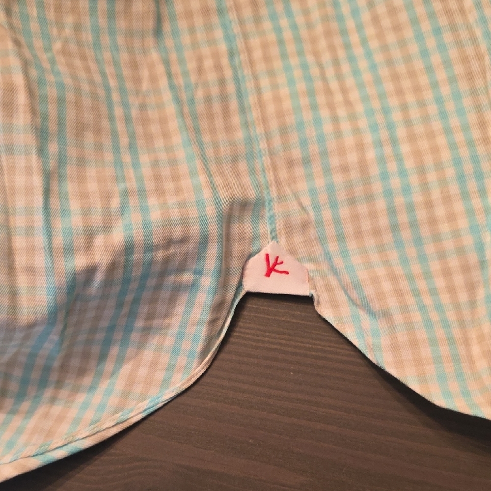 Isaia Men's Aqua and Beige Plaid Shirt - Picture 6 of 7